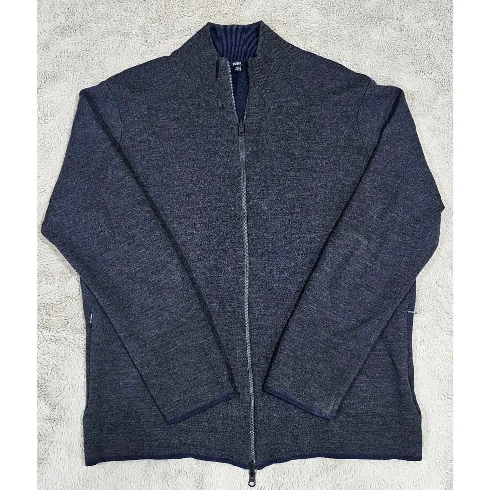 Benson 100% Wool Cardigan Sweater Navy Rib Knit Full Zip Preppy Sz XL - Picture 1 of 9
